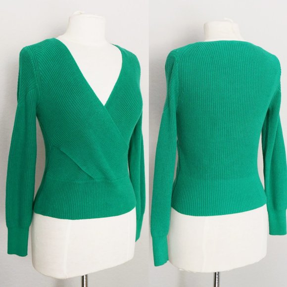 Anthropologie Moth Liza Surplice V Neck Faux Wrap Sweater Kelly Green Ribbed XSP - Picture 2 of 15